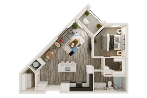 Floor plan for 1 bed, 1 bath, 764 sqft